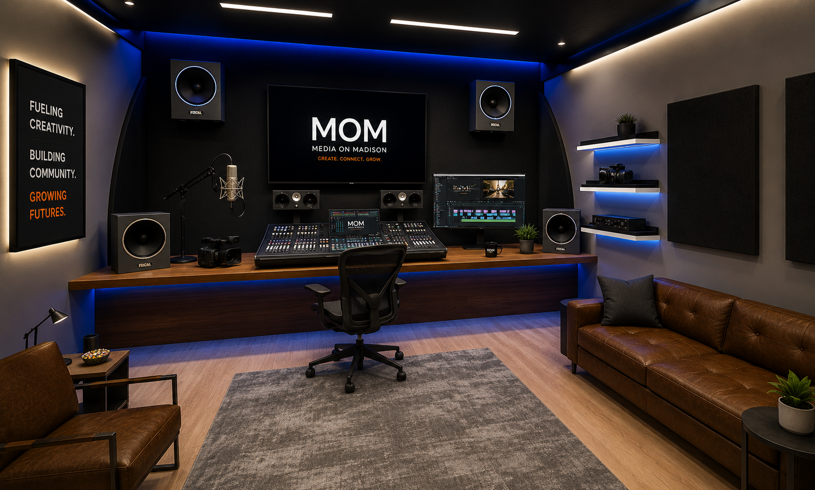 Professional audio and media production studio with mixing console and monitor speakers inside the Content Fulfillment Center.